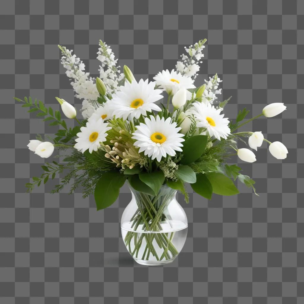 white flower arrangement with white daisies and white tulips