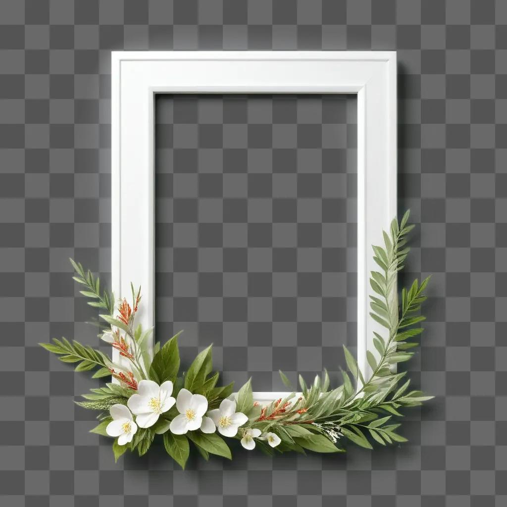 white frame with green leaves and flowers