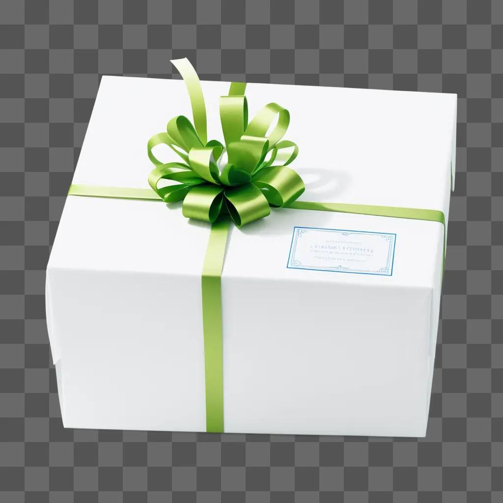 white gift box with a green ribbon and a blue label