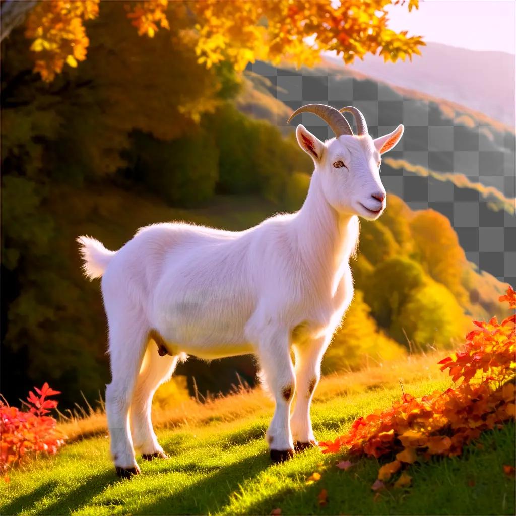 white goat stands in a field during the day