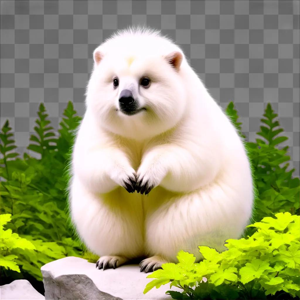 white gorilla sits on a rock with green plants