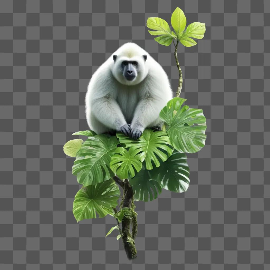 white gorilla sits on a tree branch