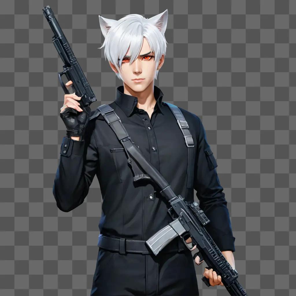 white hair anime boy A man holding a gun with an animal on his shoulder