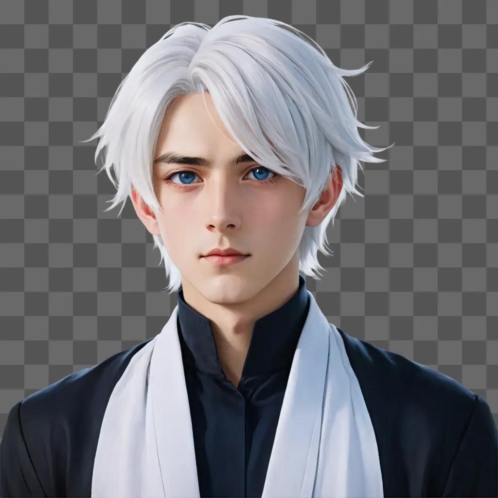 white hair anime boy A man with a white wig and blue eyes