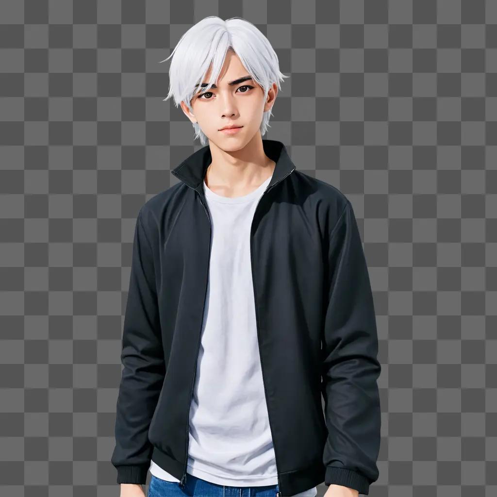 white hair anime boy A man with white hair wearing a black jacket