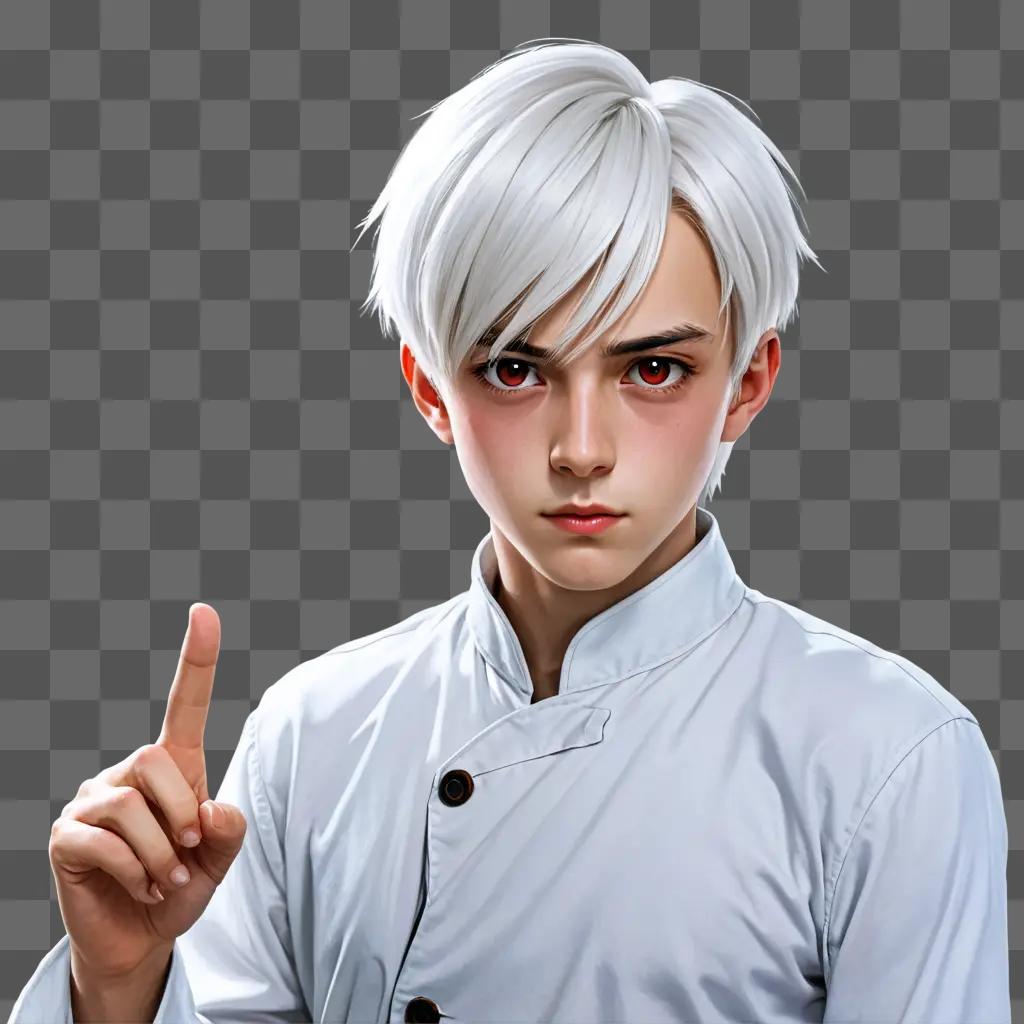 white hair anime boy A white-haired boy is posing with a finger raised