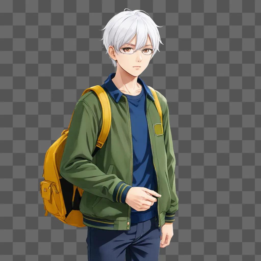 white hair anime boy A white-haired man wearing a green jacket and a backpack