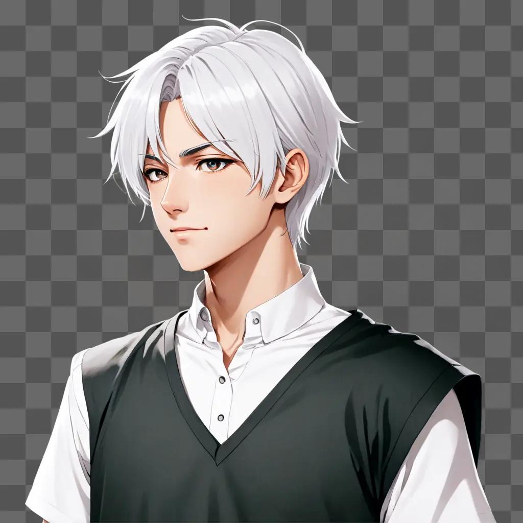 white hair anime boy An anime character wearing a black vest and a white shirt