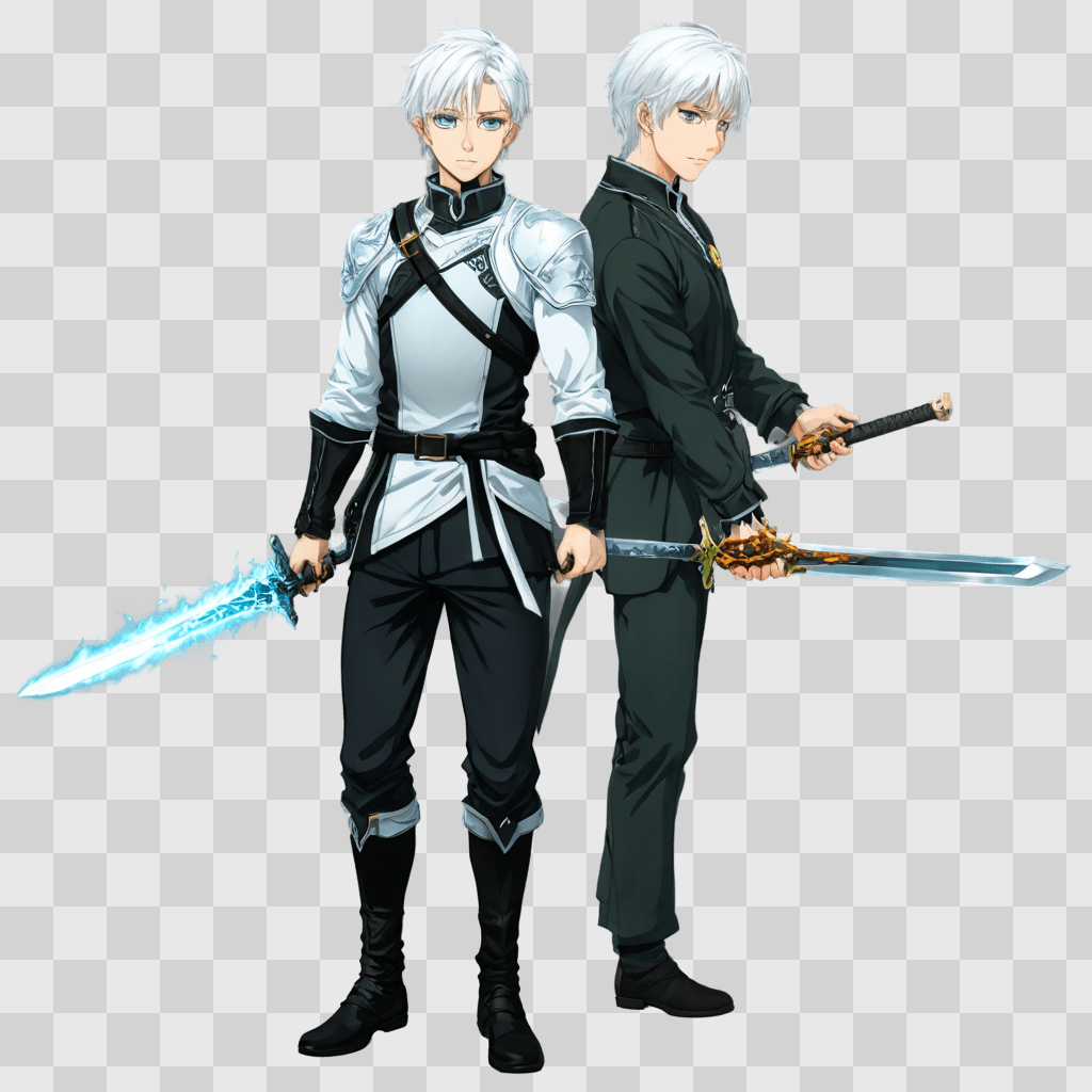 white hair anime boy Two boys in suits with swords