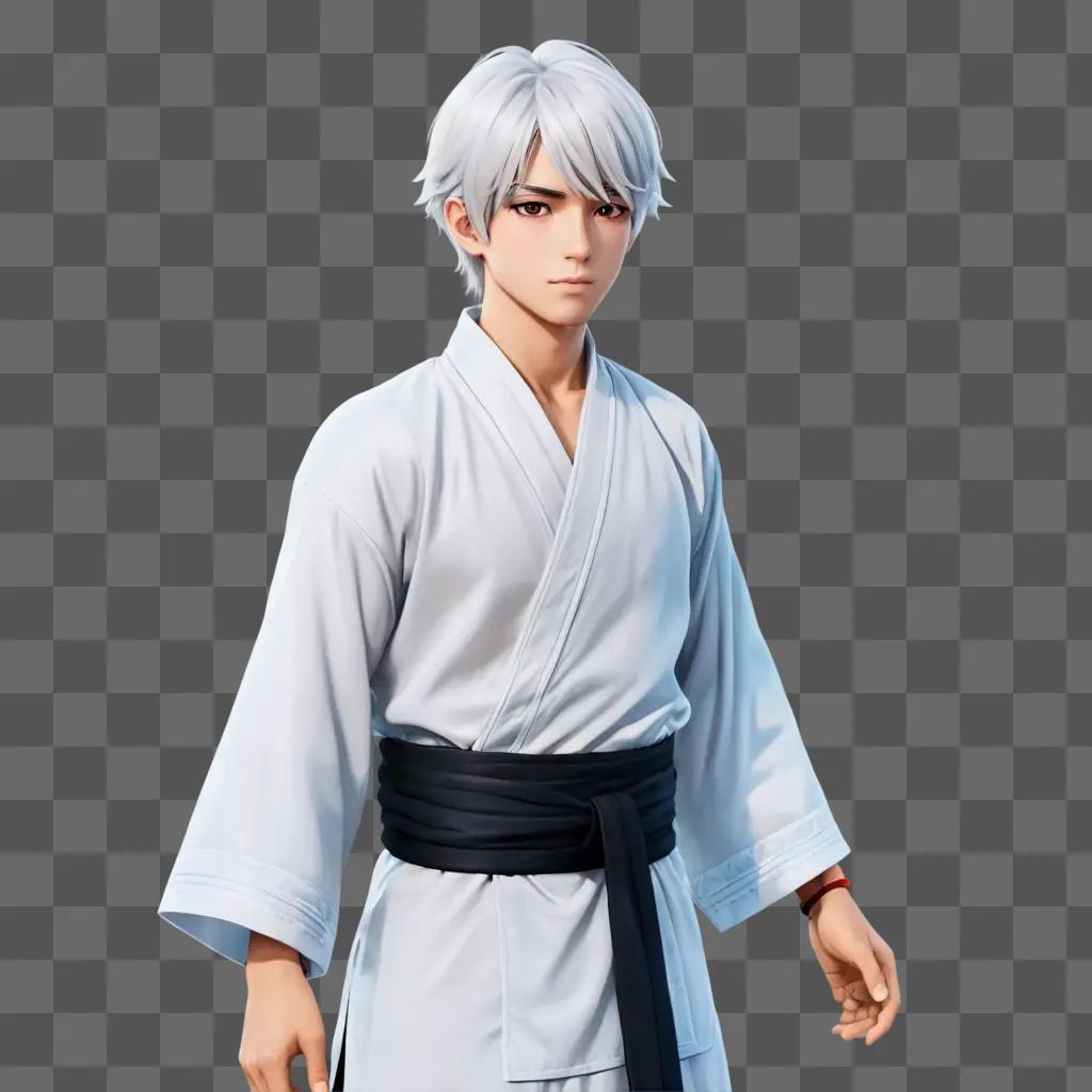 white haired anime boy A man dressed in a white kimono and black belt