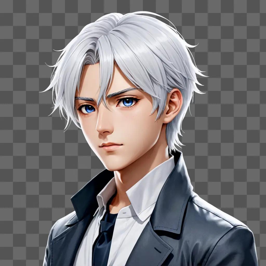 white haired anime boy A man with blue eyes and a white tie