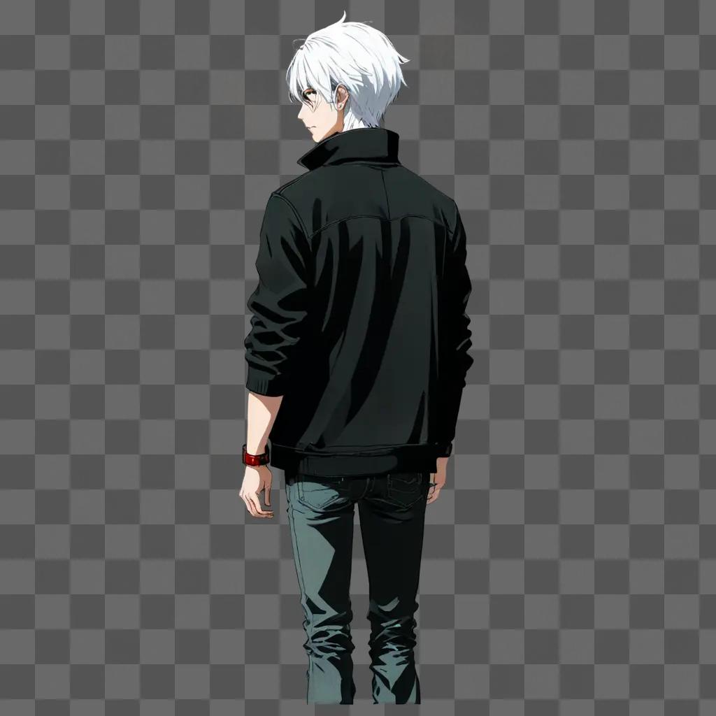 white haired anime boy An anime character in a black jacket and jeans