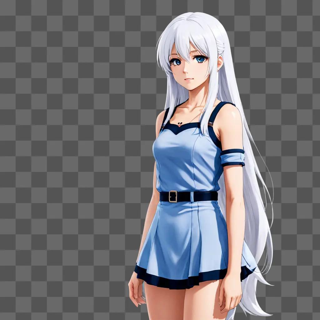 white haired anime girl A girl in a blue outfit stands against a gray background