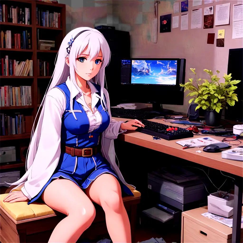 white haired anime girl An anime girl sits in a cluttered room with a computer and a plant