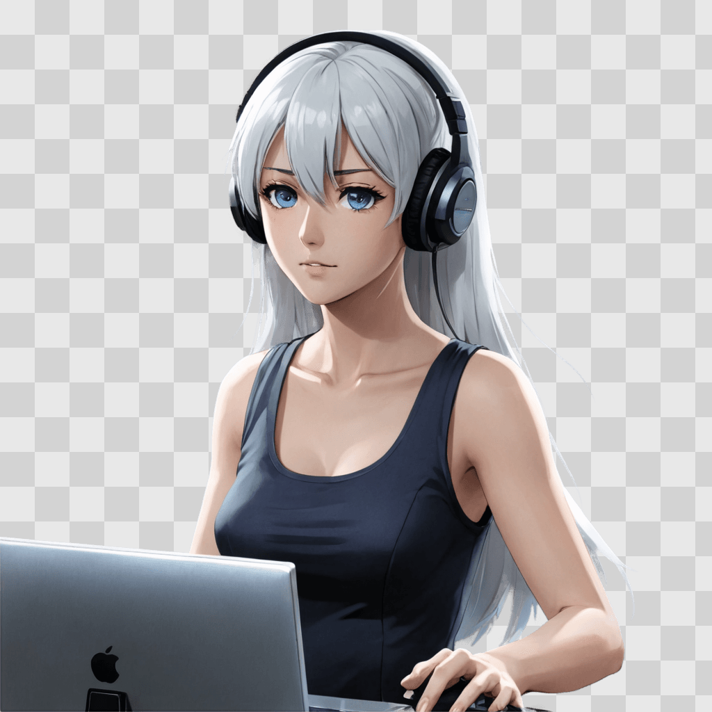 white haired anime girl An anime girl with headphones on her head and laptop