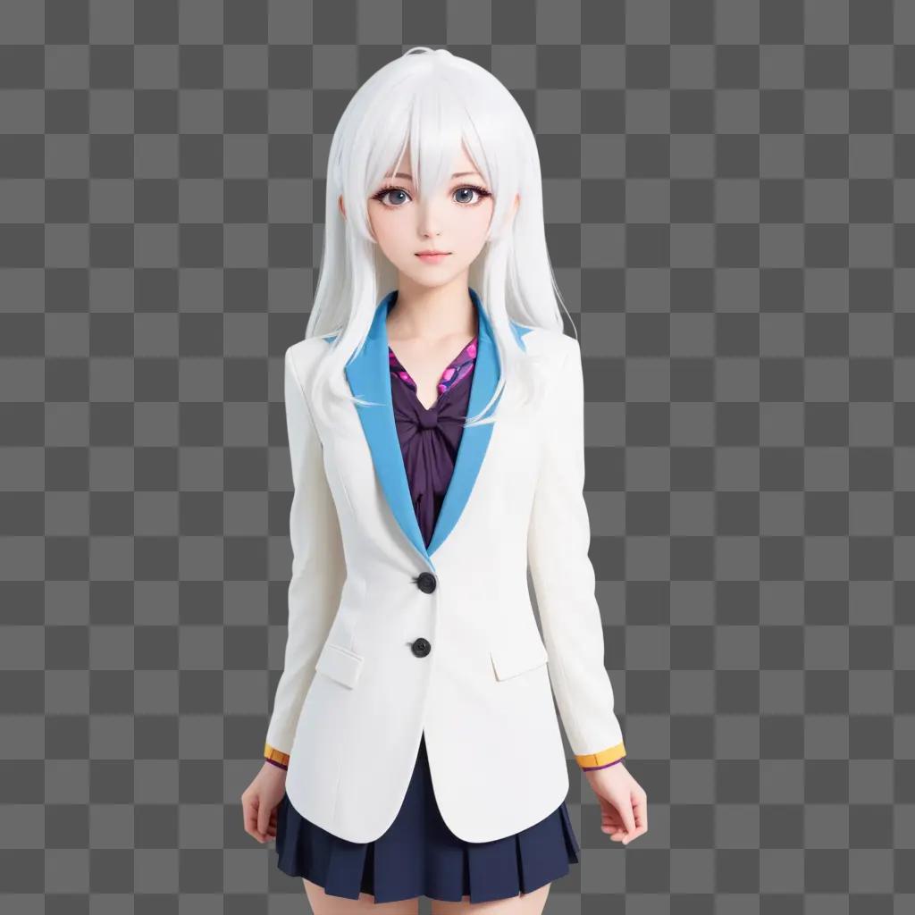 white-haired anime girl in a white suit and purple blouse