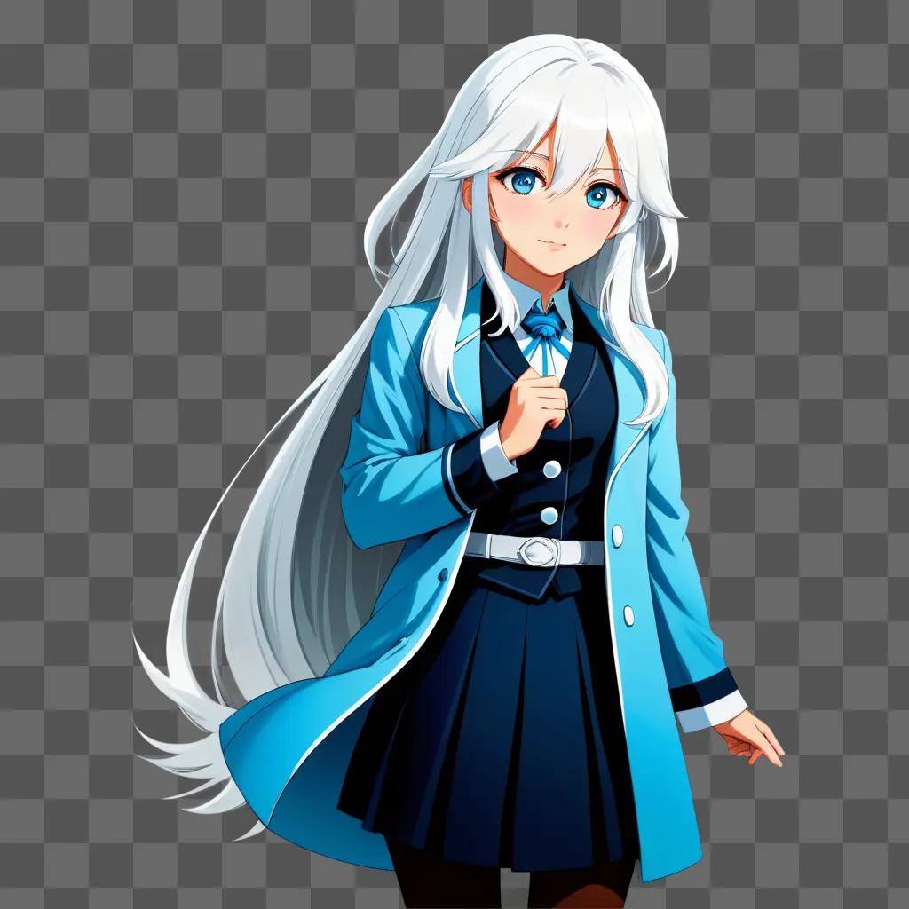 white-haired anime girl with a blue coat and a blue bow tie