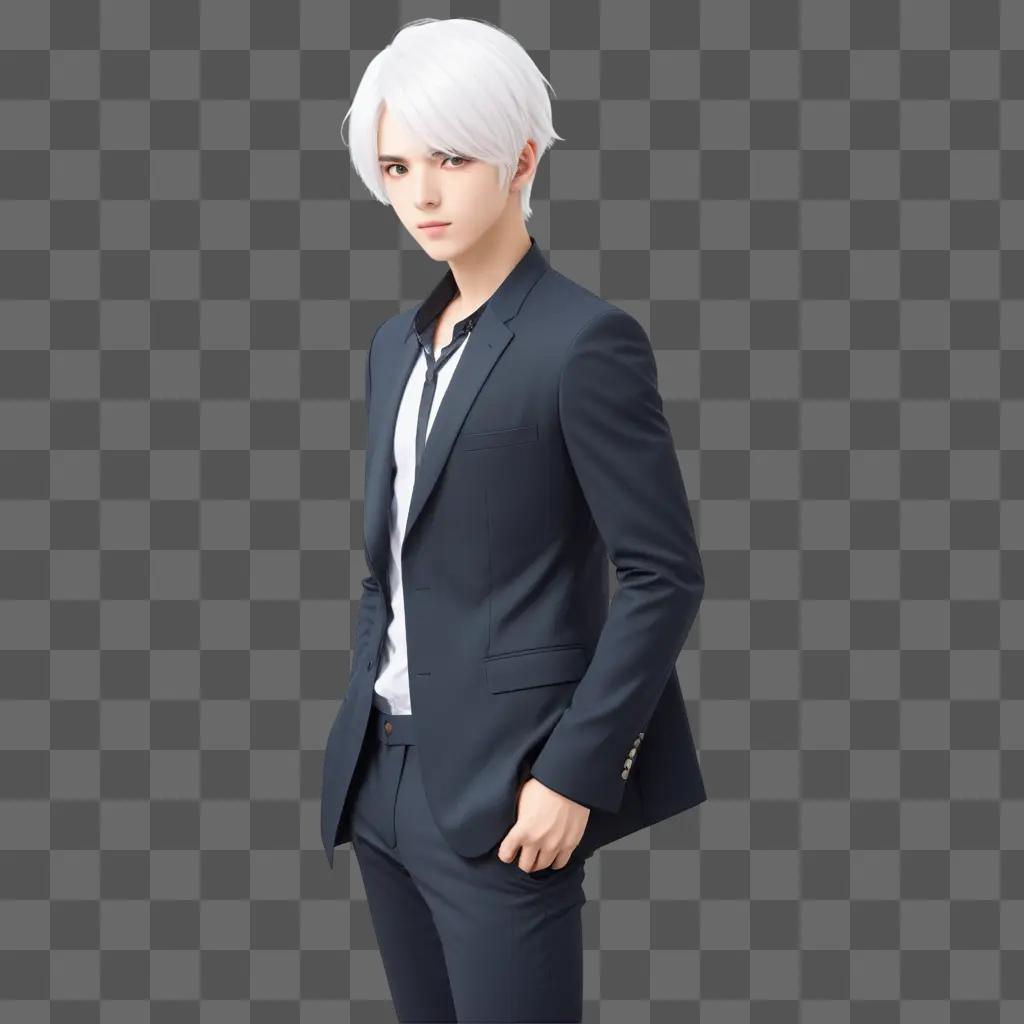 white-haired boy in a suit poses for a photo