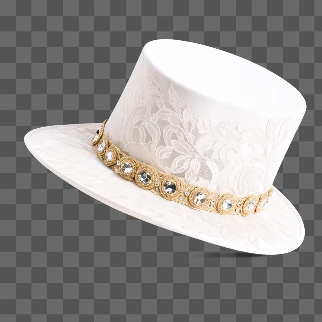 white hat with a necklace design and gold accents