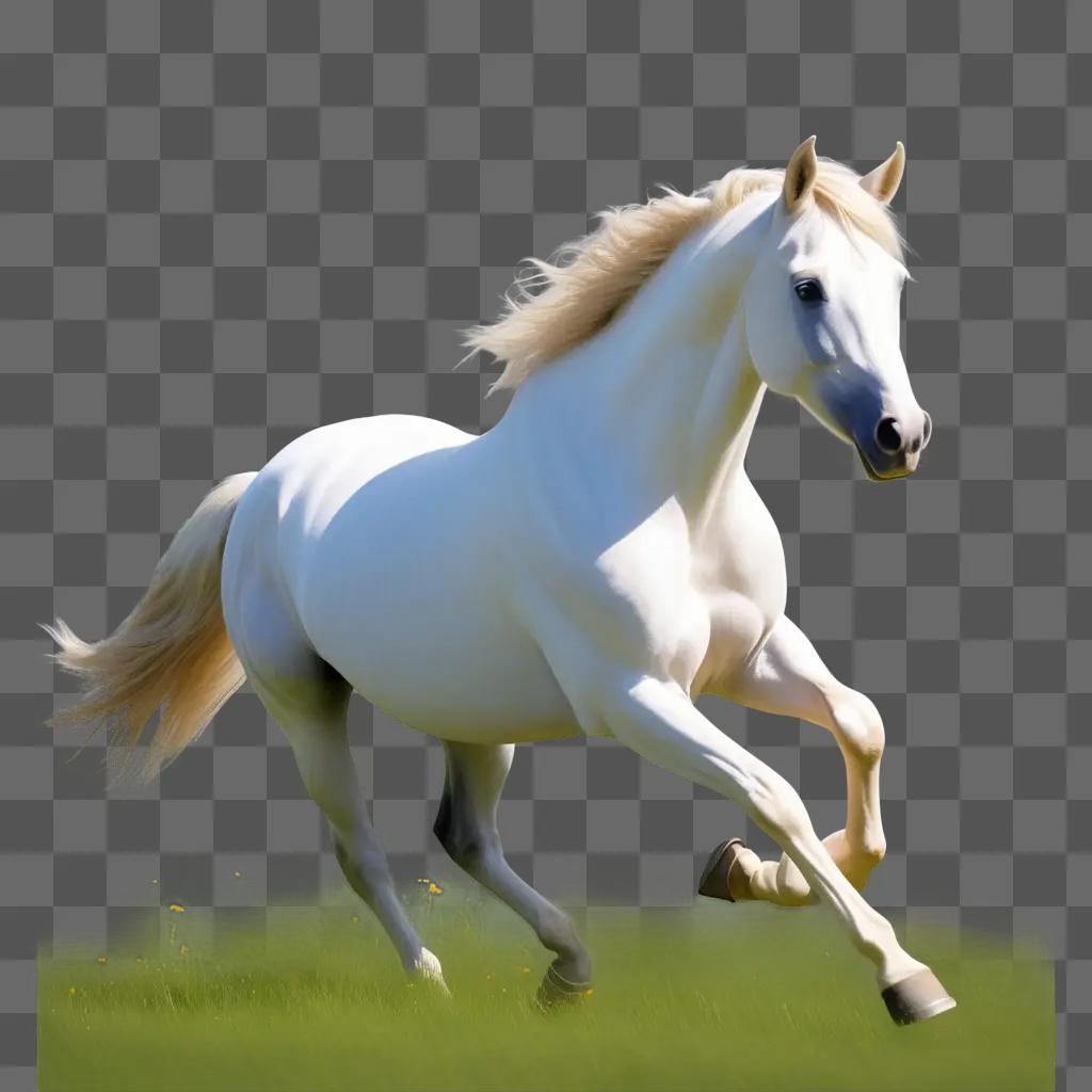 white horse gallops through a grassy field