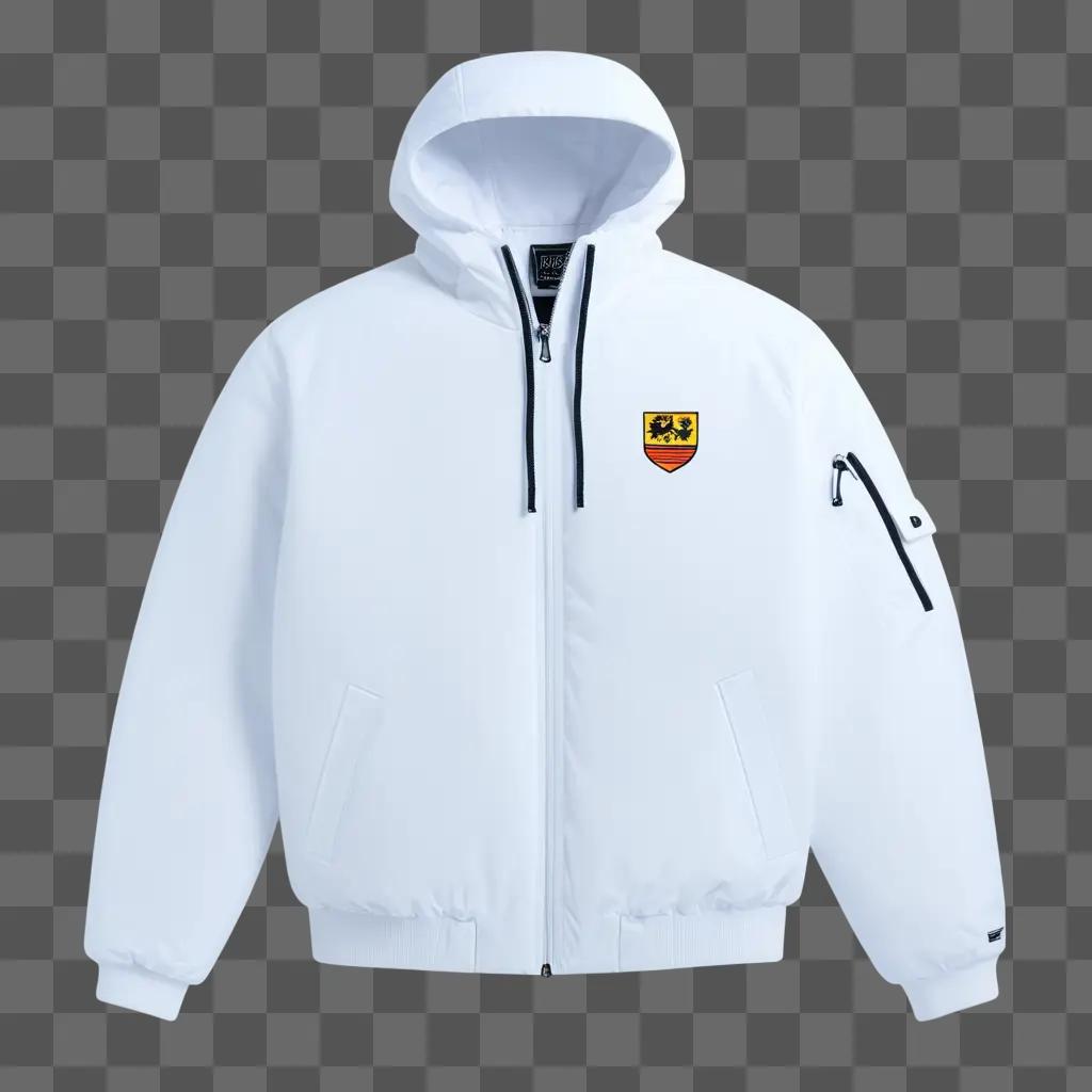 white jacket with a black and yellow logo