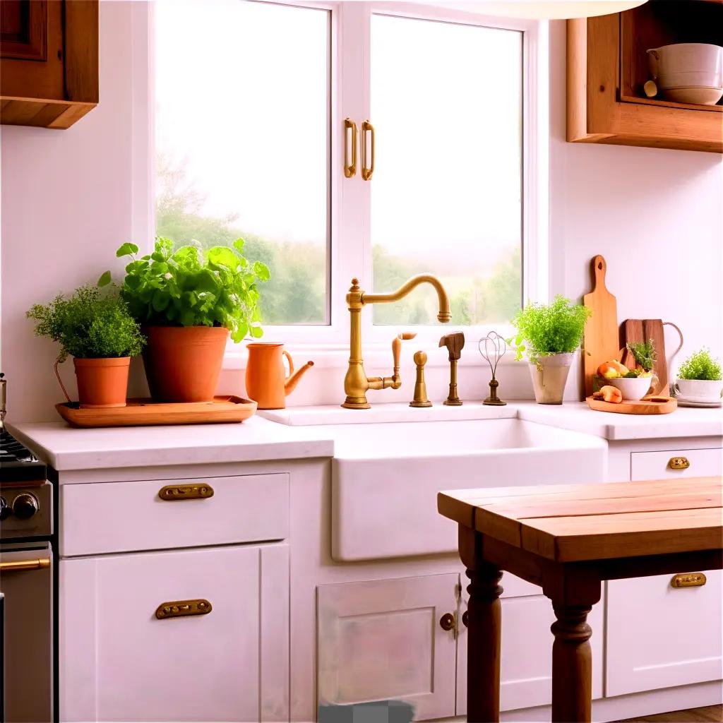 white kitchen with plants and a window