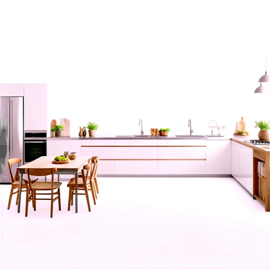 white kitchen with wooden furniture and white counter tops