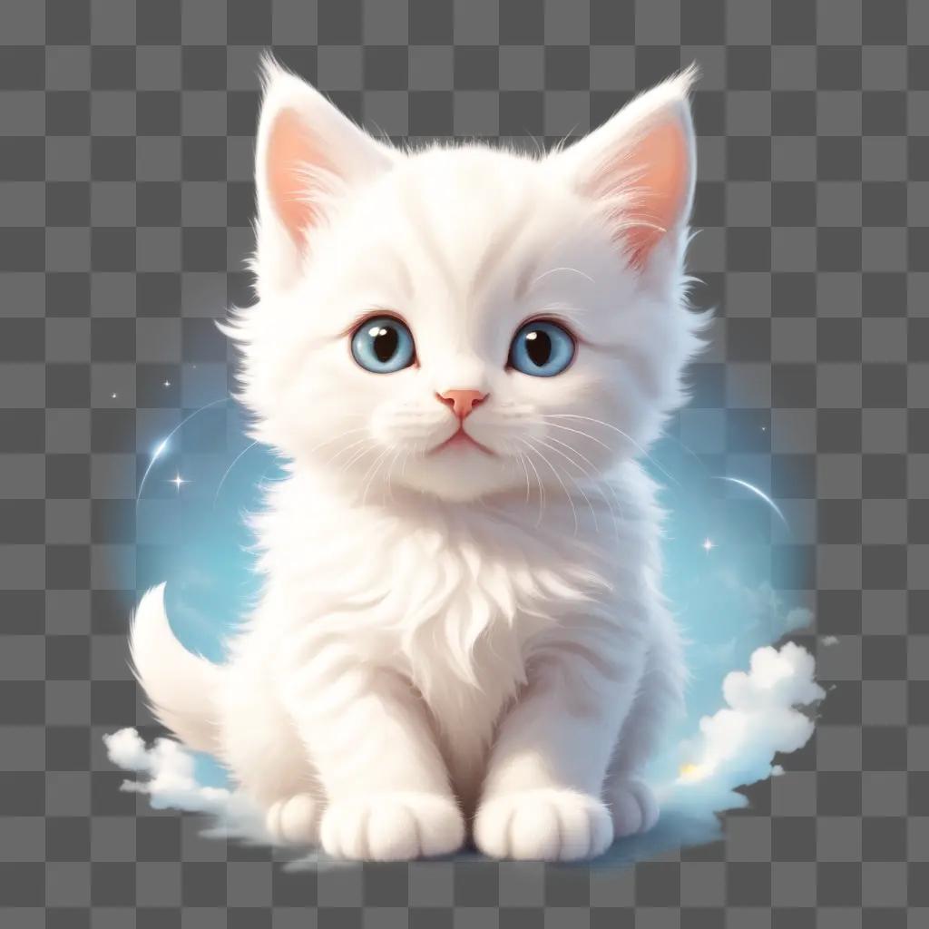 white kitten sits on a cloud with a blue eye