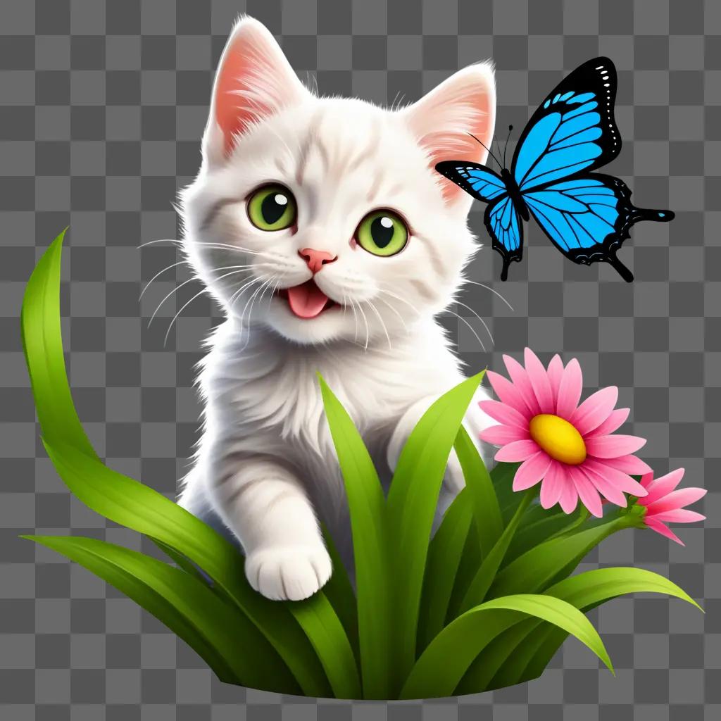 white kitten with a butterfly emoji background