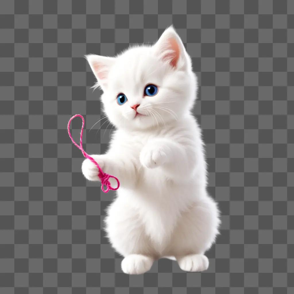 white kitten with a pink string