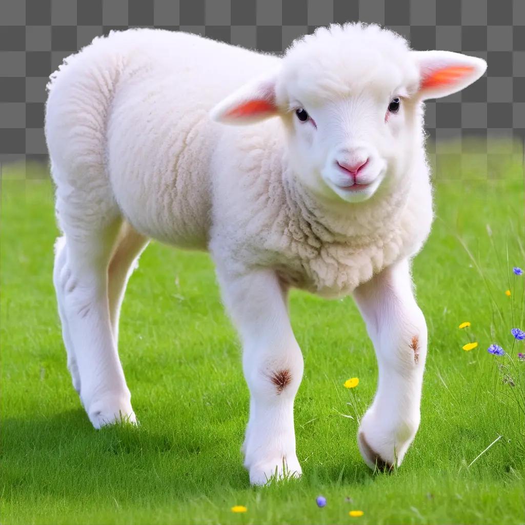 white lamb with black nose and ears walking on green grass