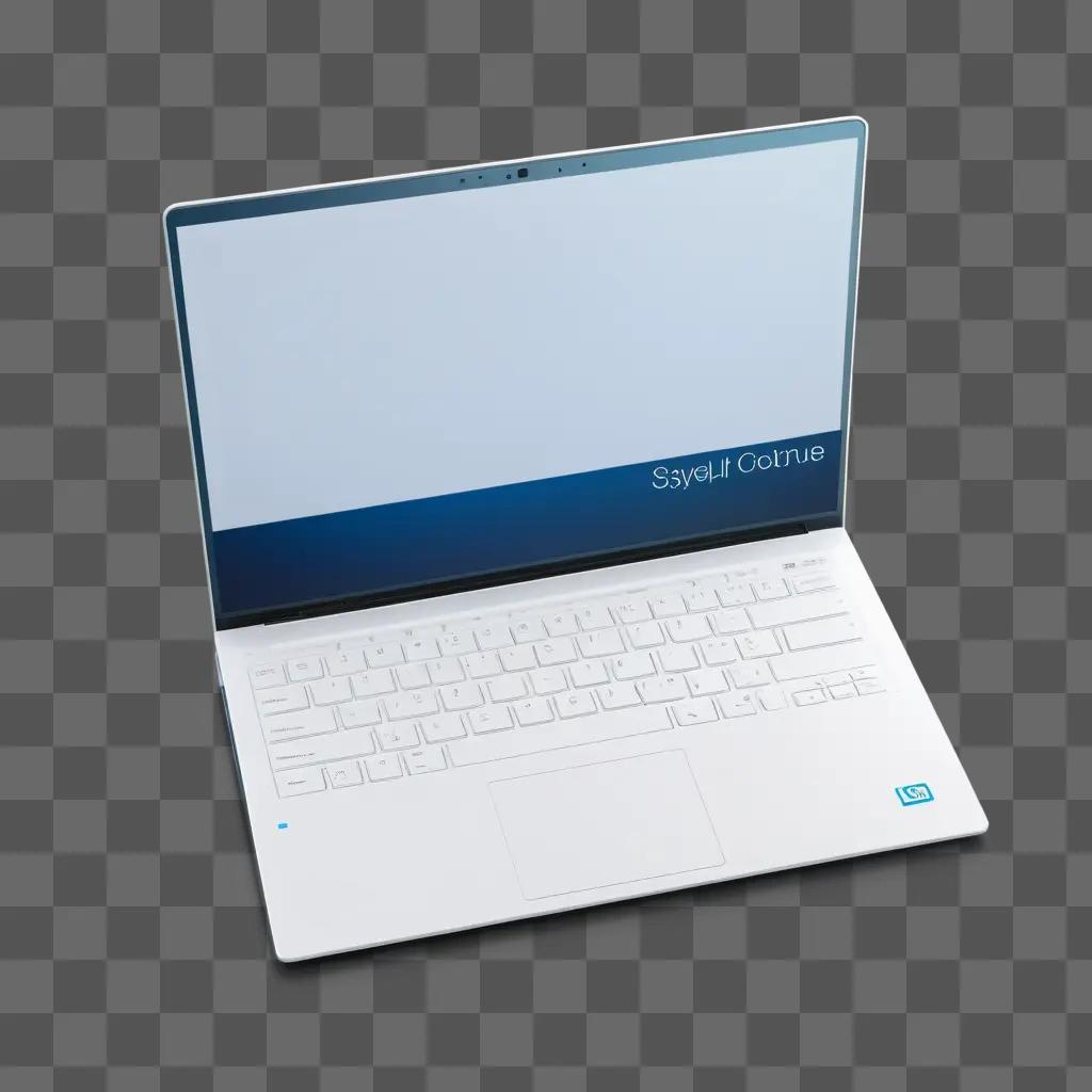 white laptop with blue border and blue text