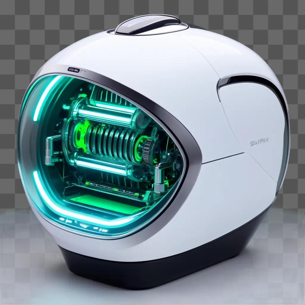 white machine has a green light on its front