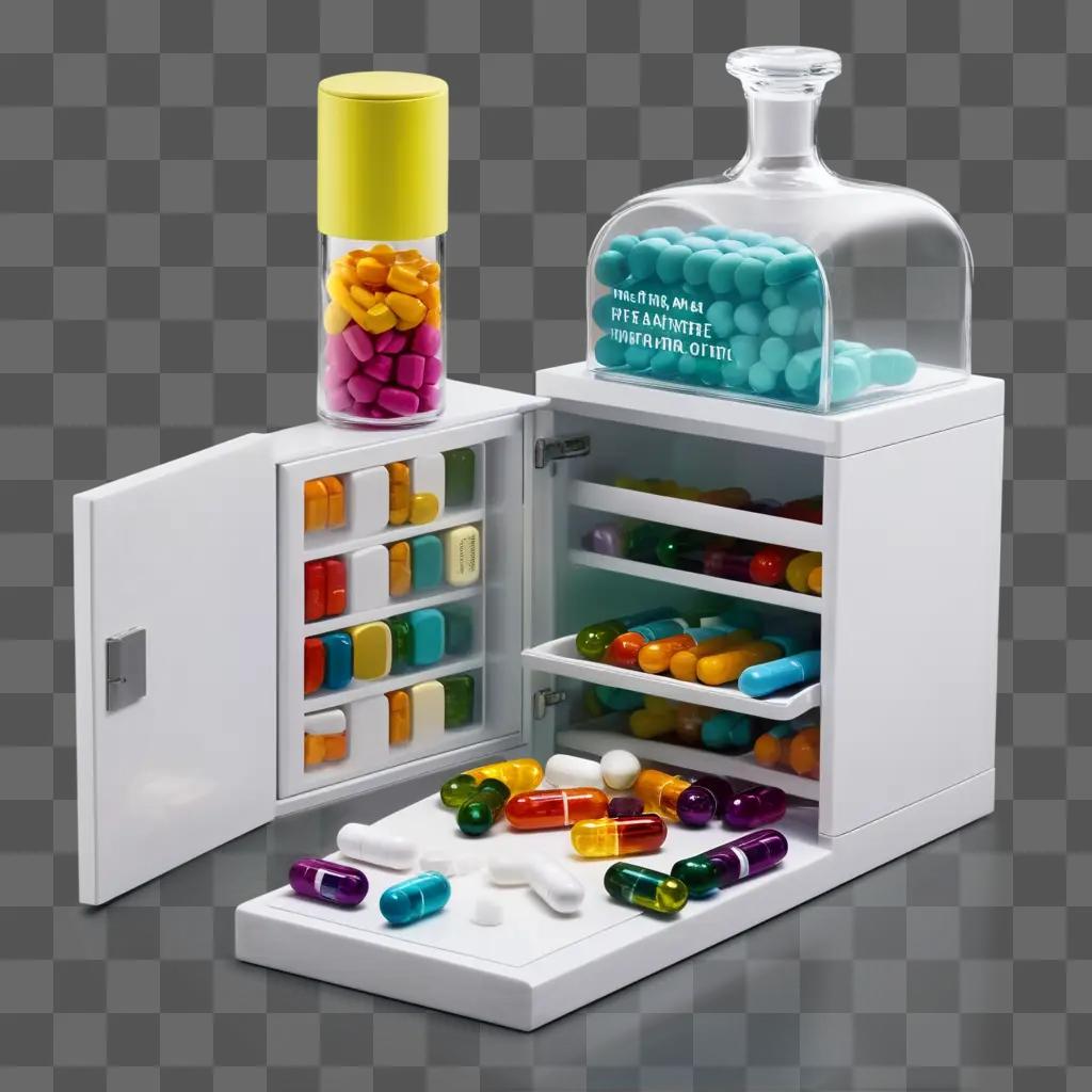 white mini fridge filled with colorful pills