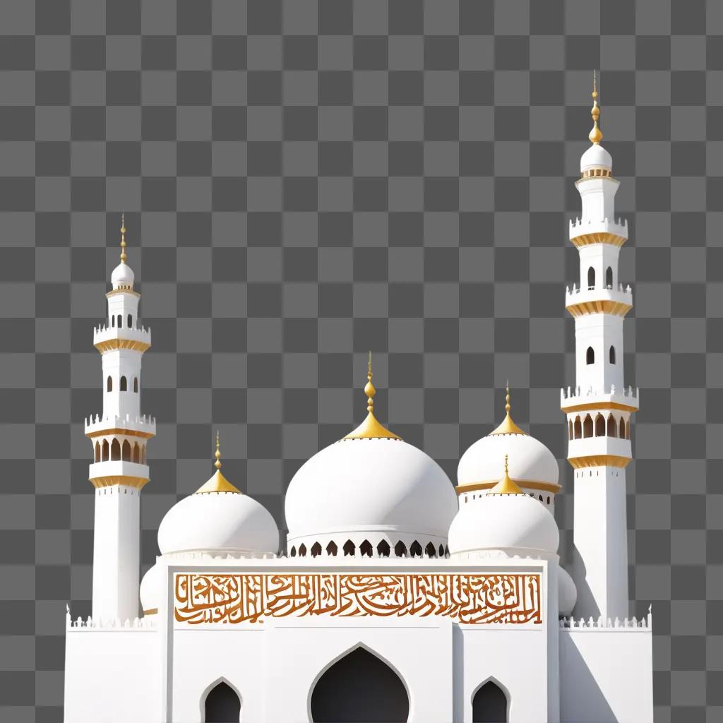 white mosque with Arabic inscriptions in the background