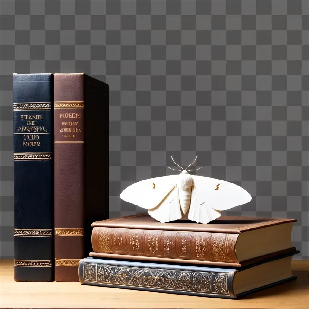 white moth sits atop a book