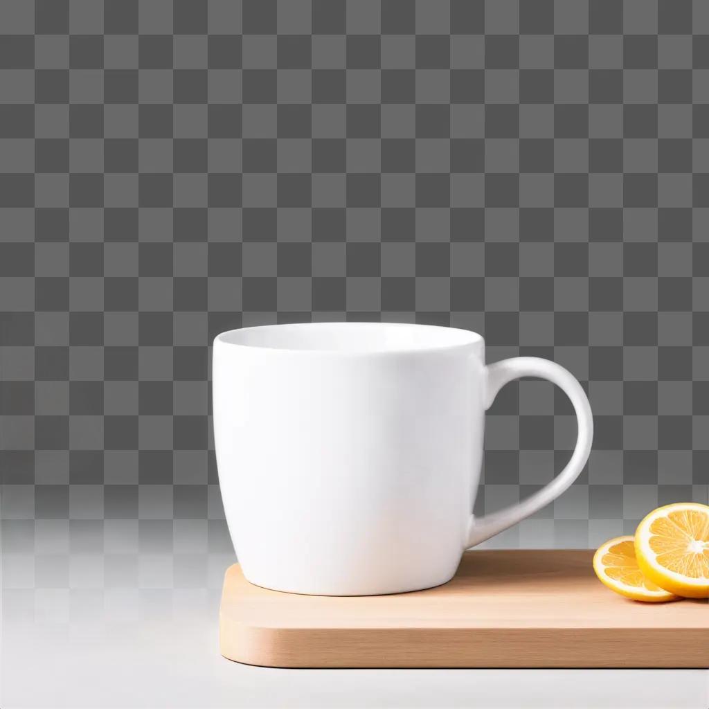 white mug sits on a cutting board with slices of lemon