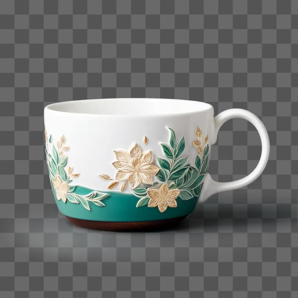 white mug with gold leaves sits on a table