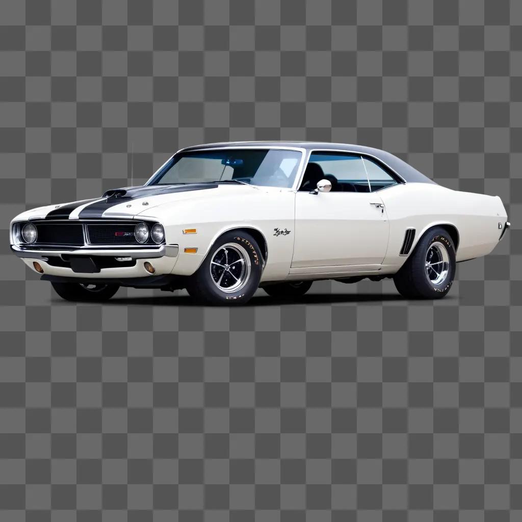 white muscle car with black stripes on the hood