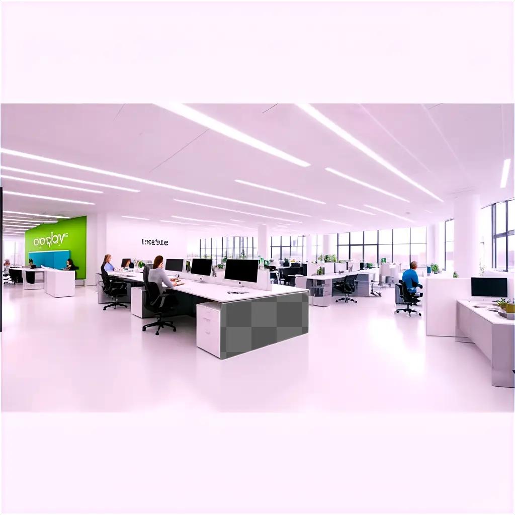 white office with green accents and white desks