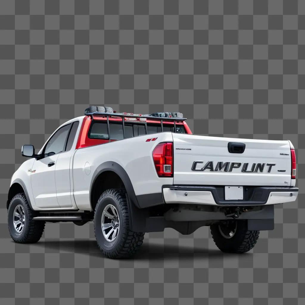 white pickup truck with red accents and a black roof