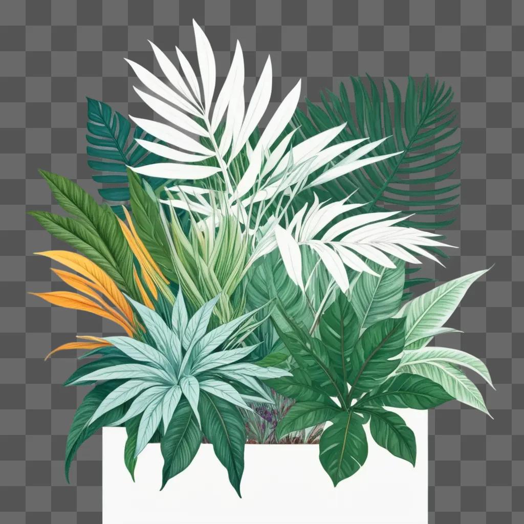 white plant drawing is surrounded by colorful leaves