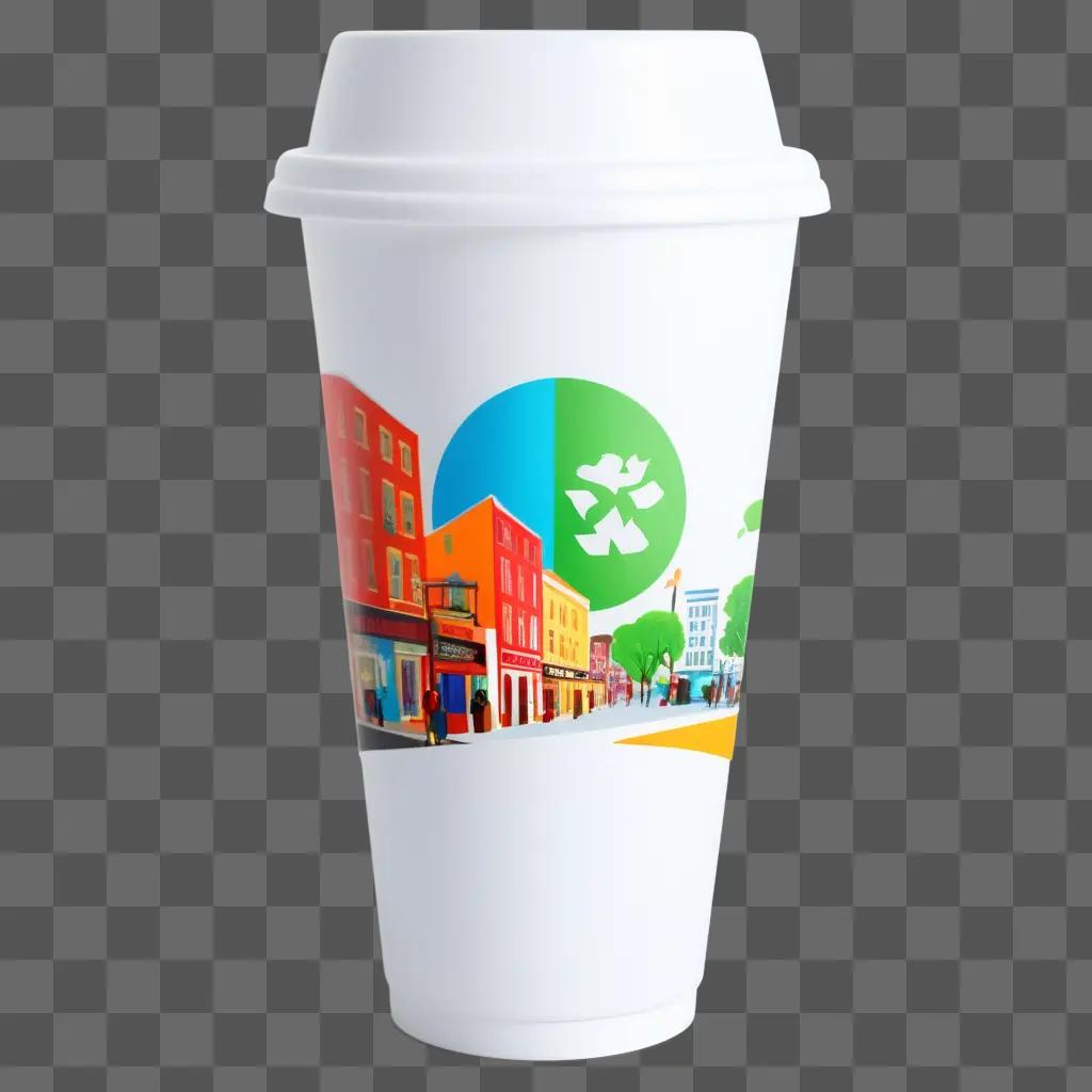 white plastic cup with a picture of buildings and trees