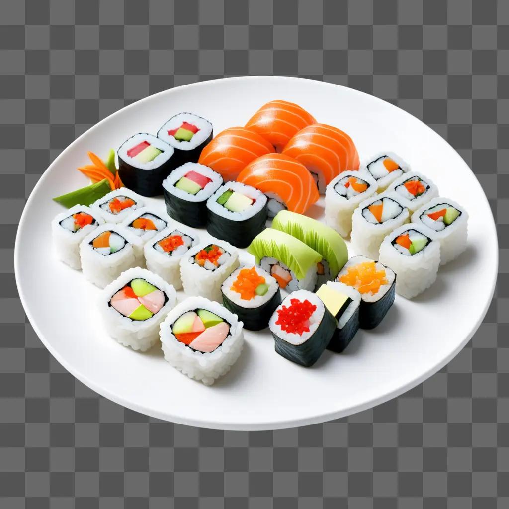 white plate holding a variety of sushi