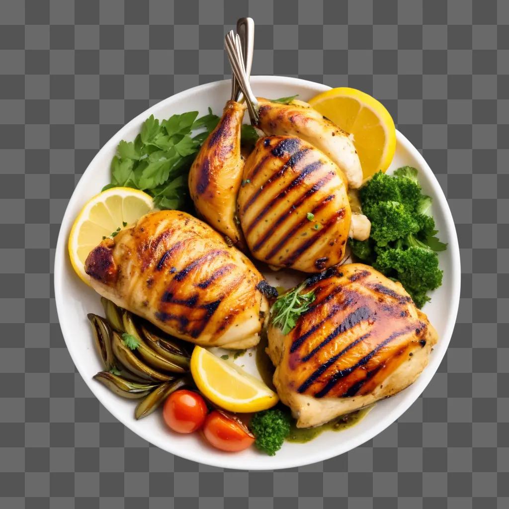 white plate holds grilled chicken with lemon and green herbs