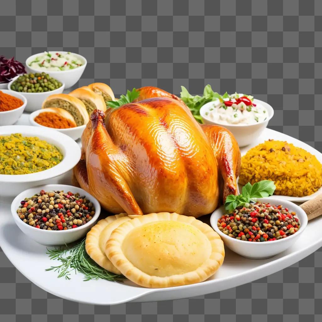 white plate with a turkey and other foods on it