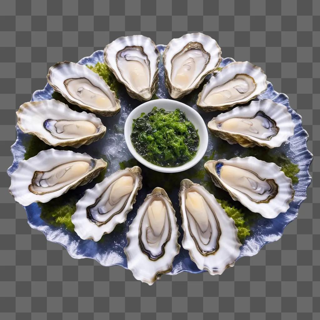 white plate with oysters and green sauce