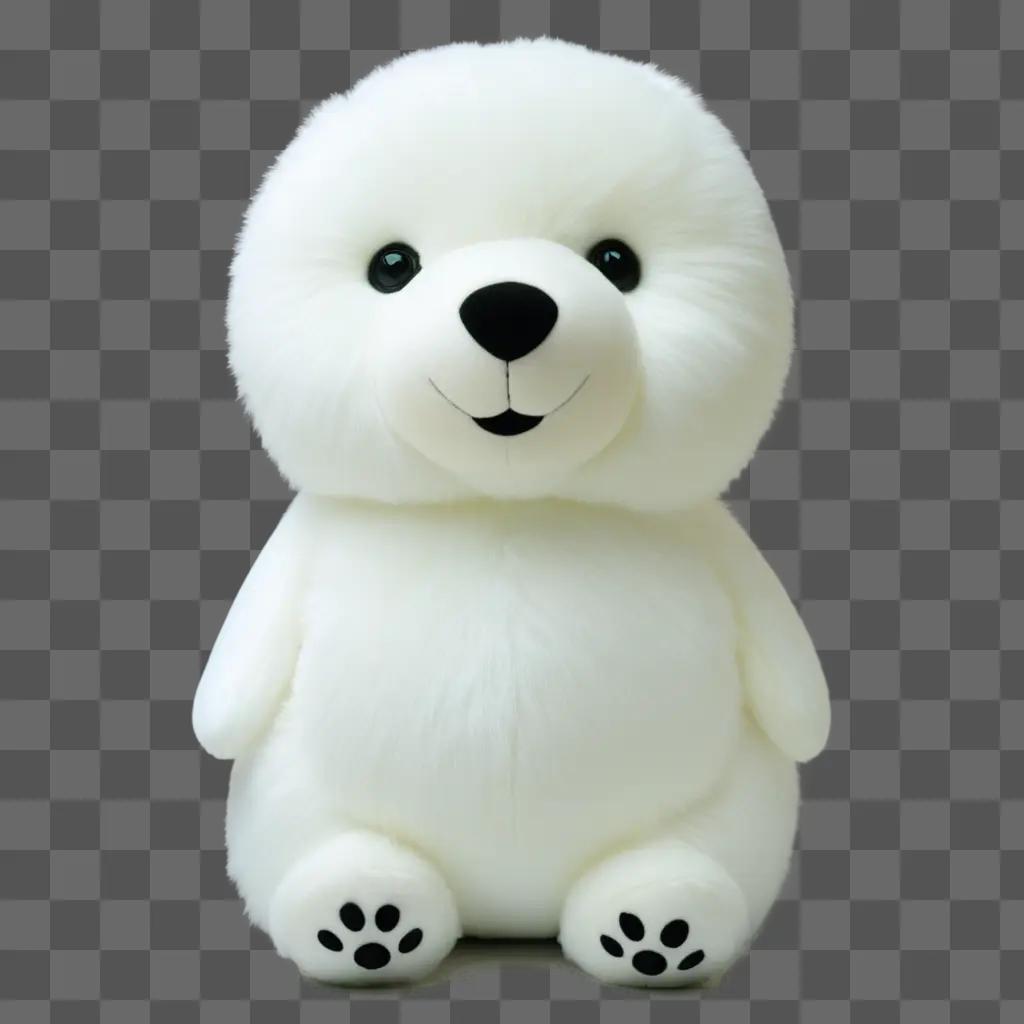 white plush bear sits against a white wall