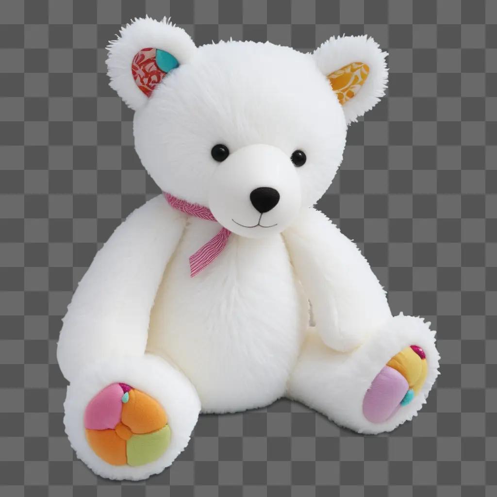 white plush bear sits on a white surface