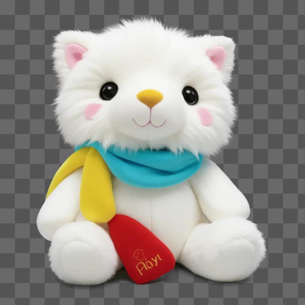 white plush cat with a scarf on its neck